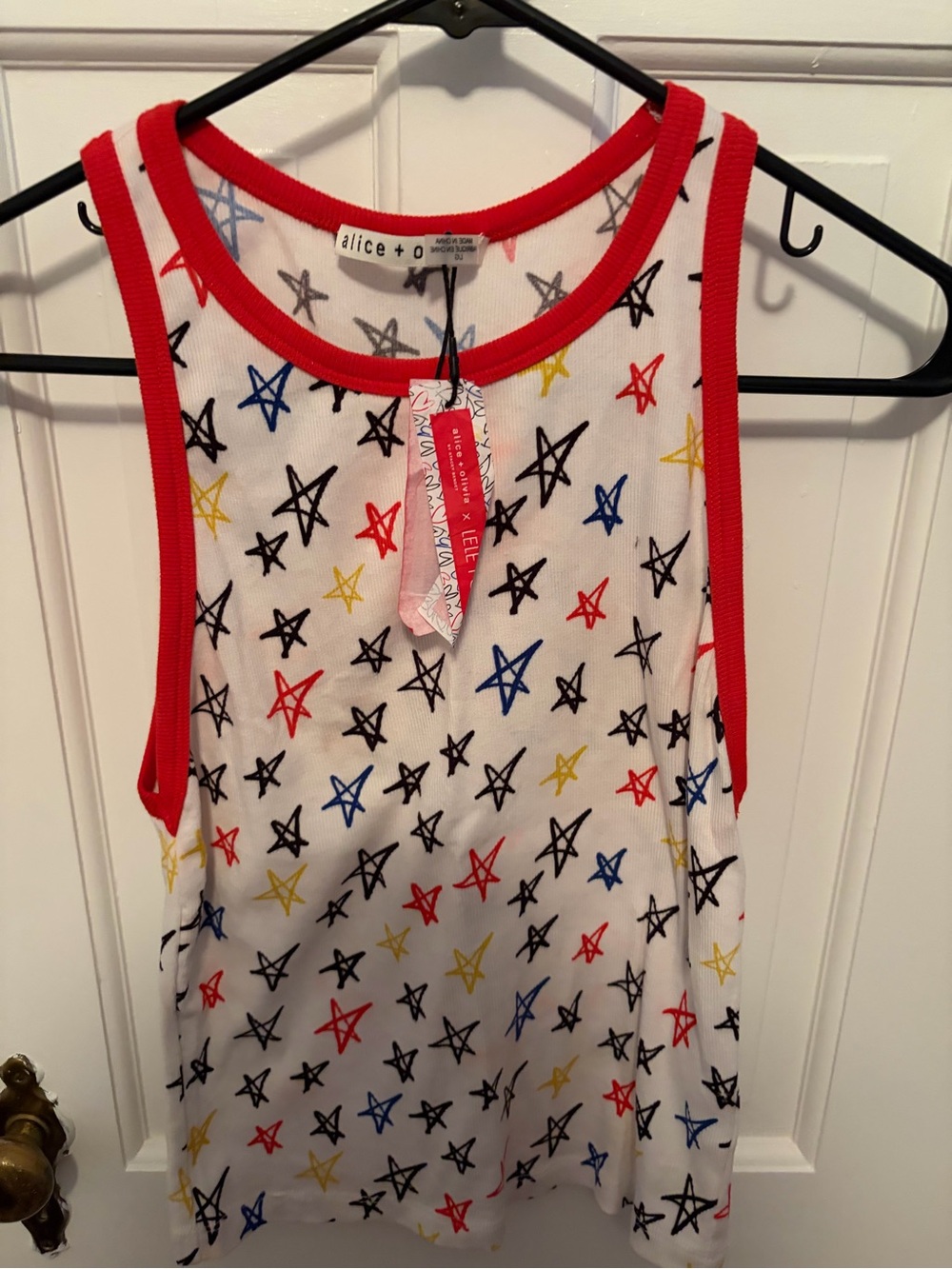 alice + olivia Red-Trim White Star Print Sleeveless Top, Size Large, NWT
